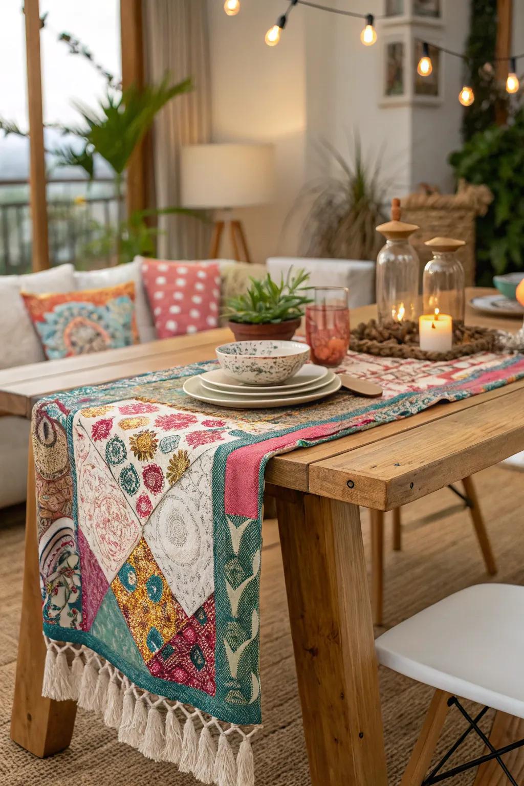 A bohemian table runner for a unique and personalized dining experience.