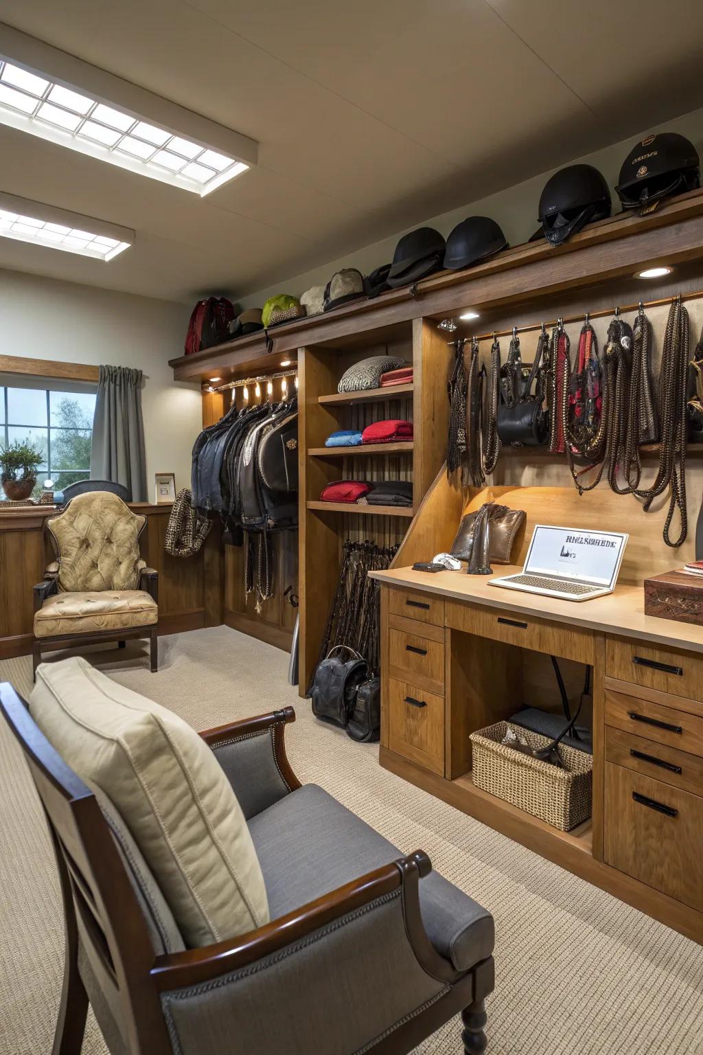 A relaxing workspace in a tack room for maintenance and repairs.