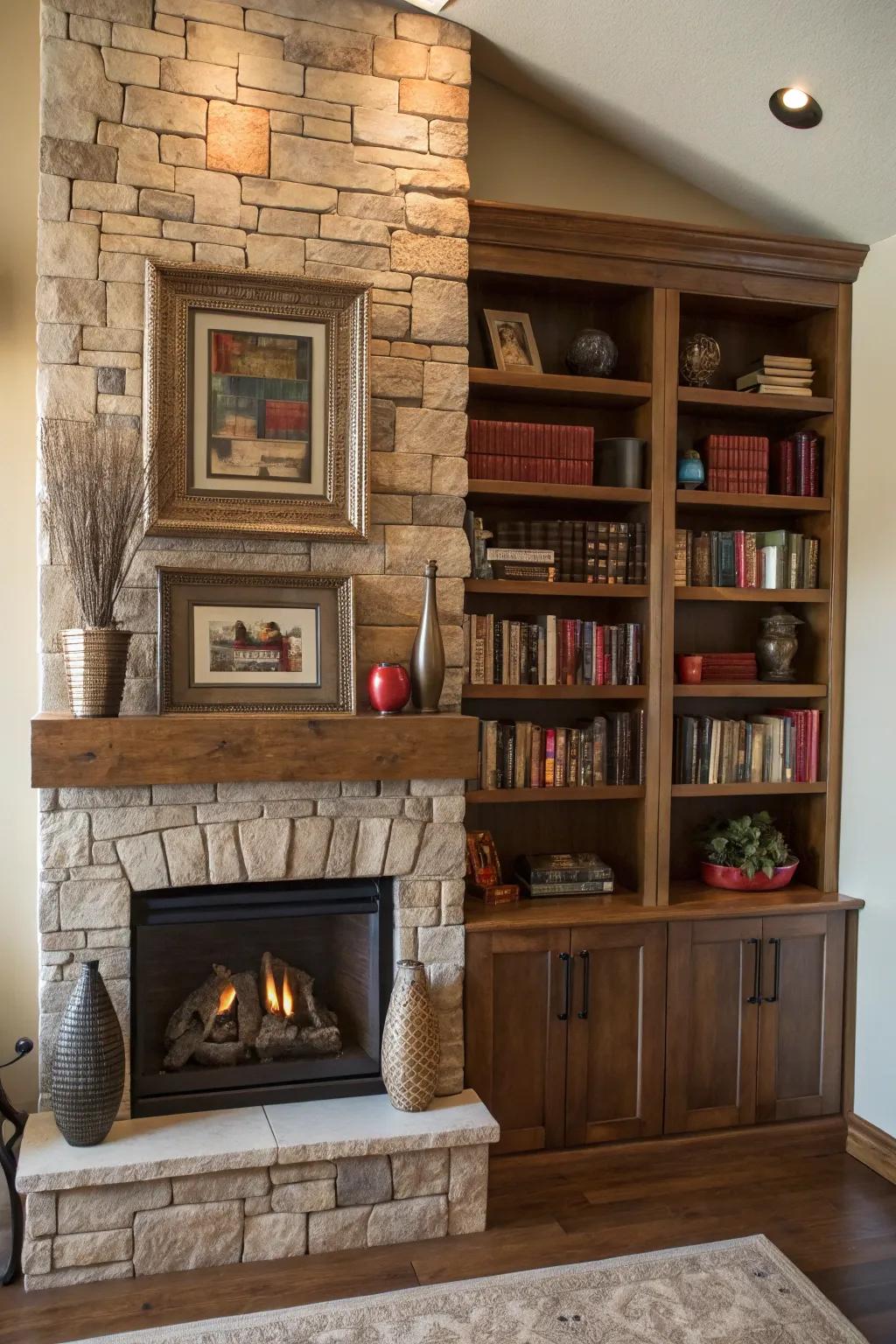 Built-in shelving adds functionality to a fireplace wall.