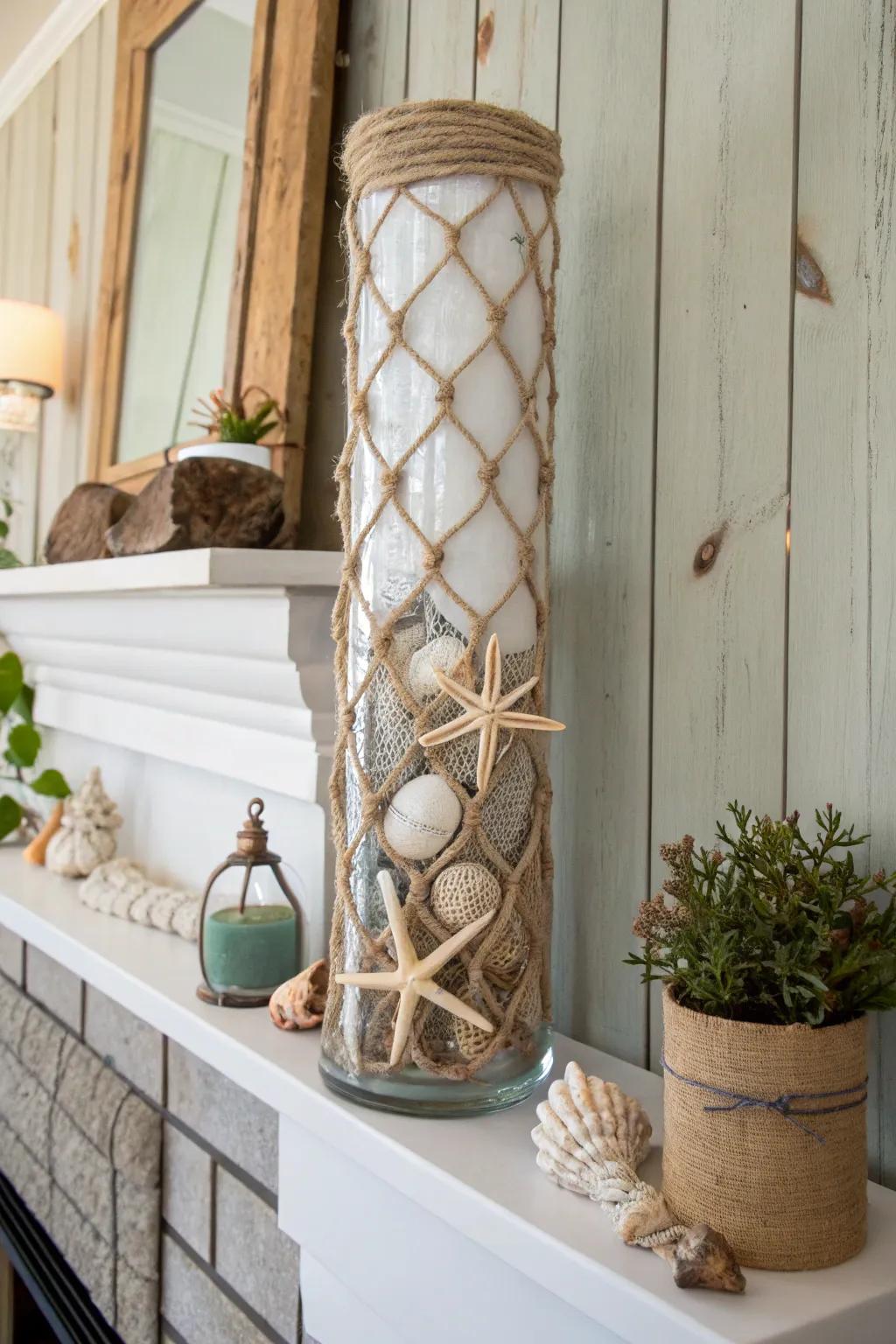 An elevated glass vase exhibiting a nautical theme, encircled through cordage and embellished with seashells upon a coastal mantelpiece.