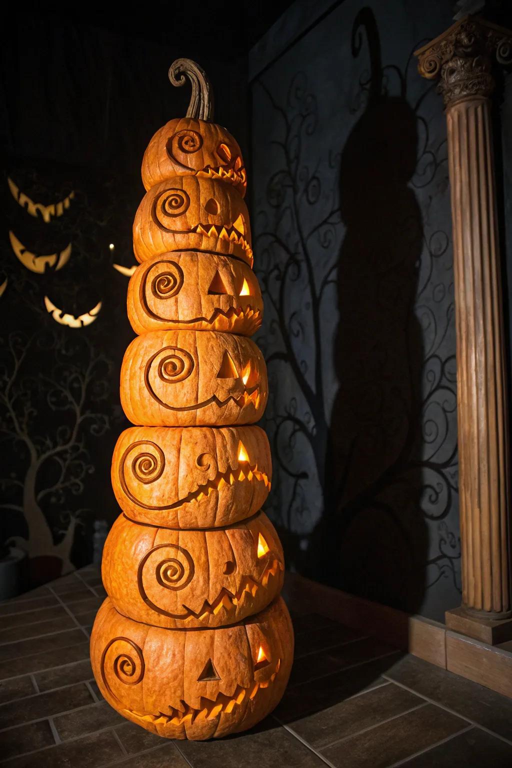 Infuse innovation into your pumpkin etching through a helical pattern interspersed with eerie expressions.