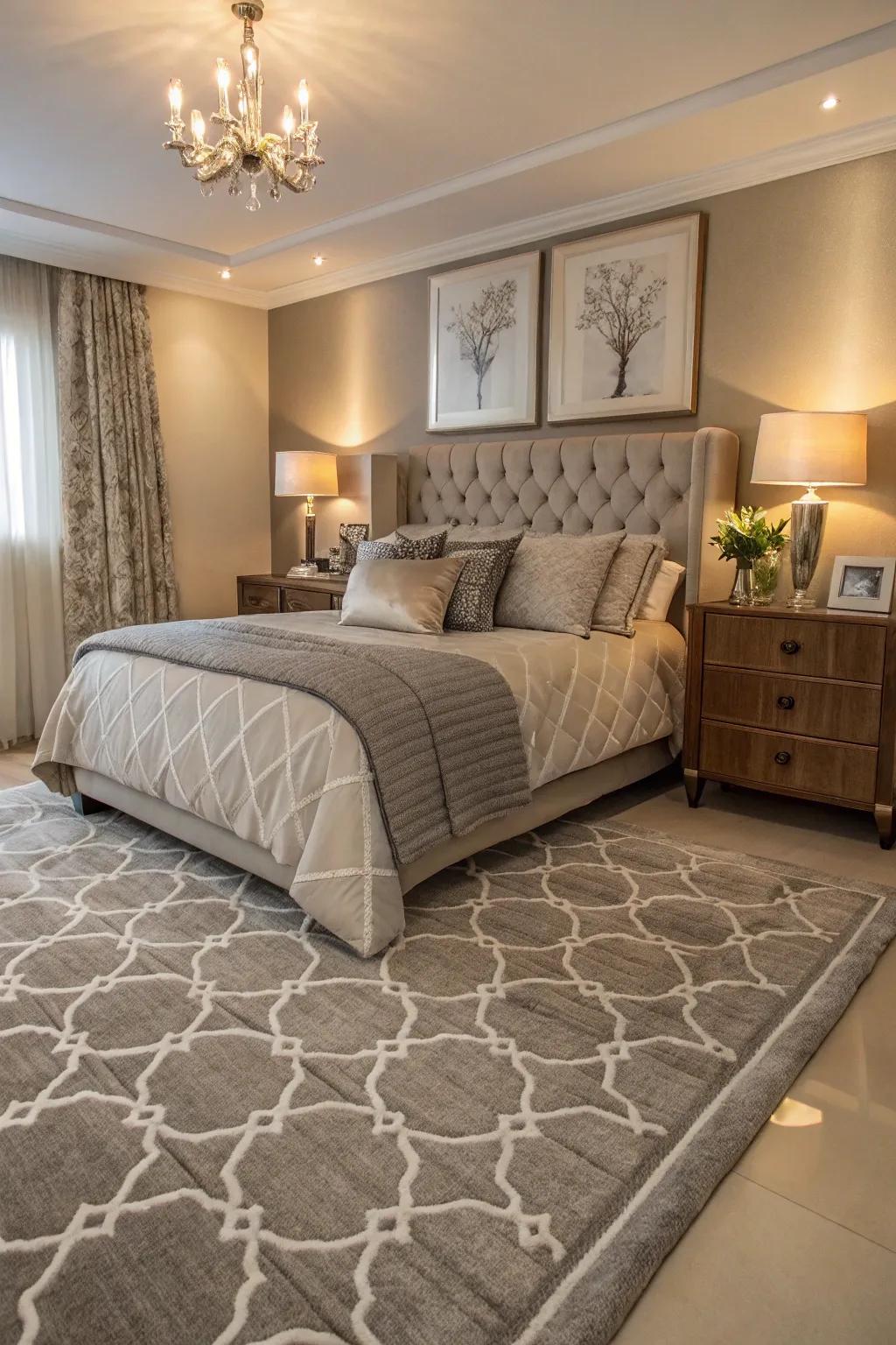 A soft brown and grey floor rug anchoring the bedroom.