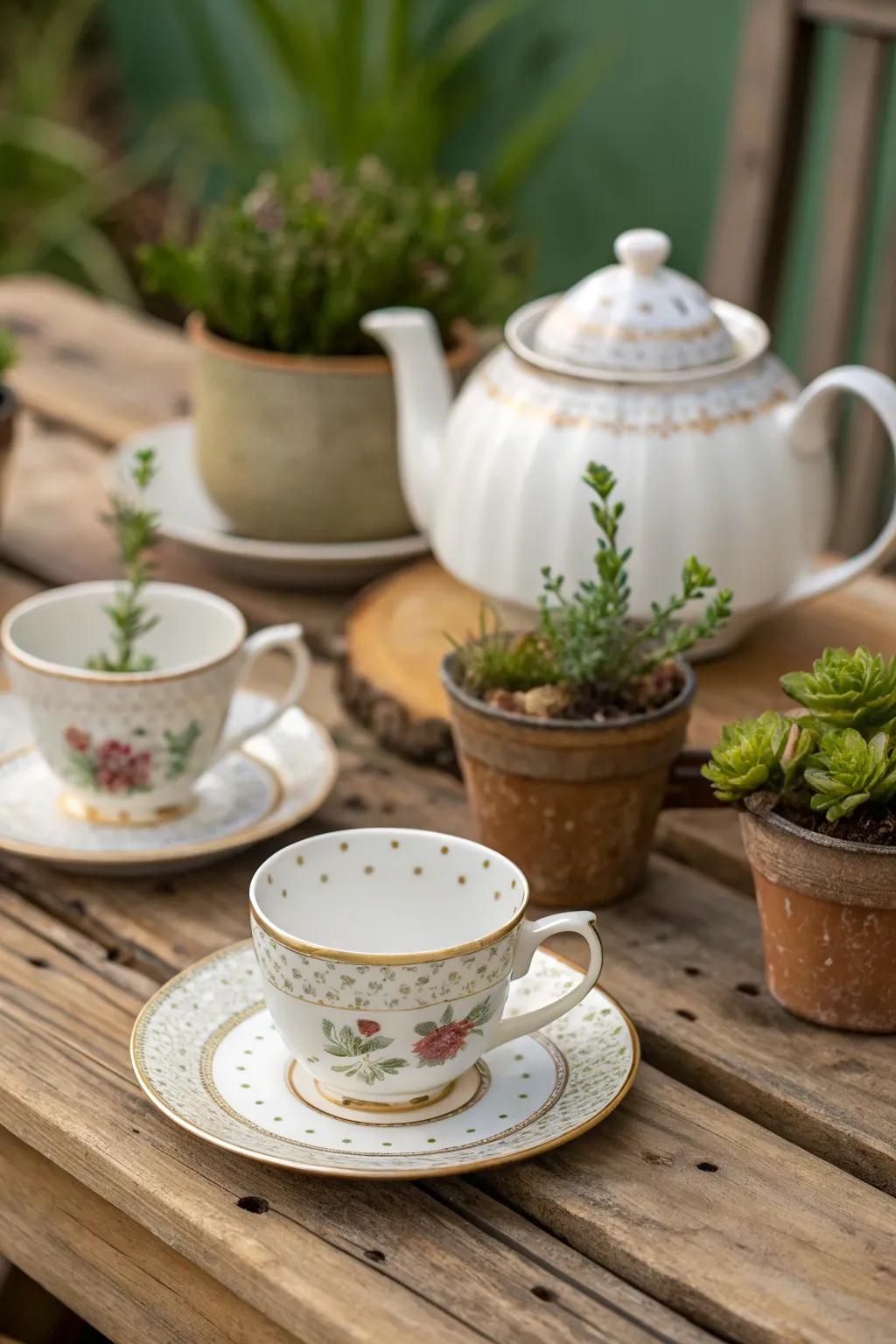 A chic display where rustic meets elegant fine china.