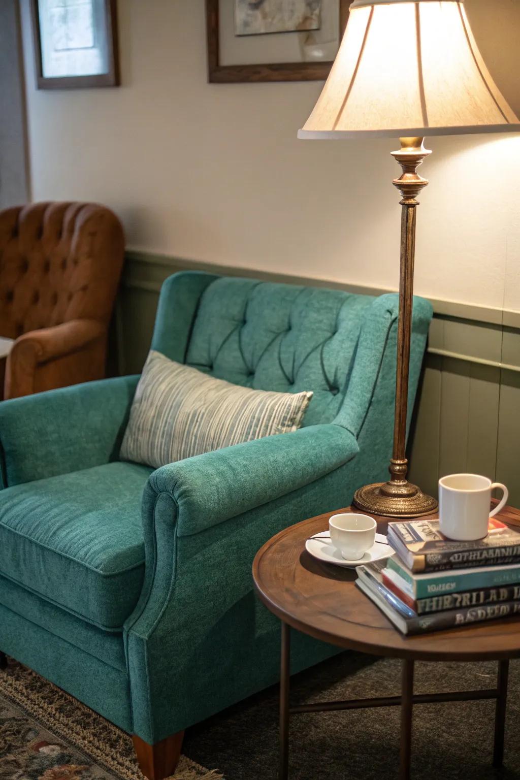A teal loveseat crafts a charming and intimate nook.
