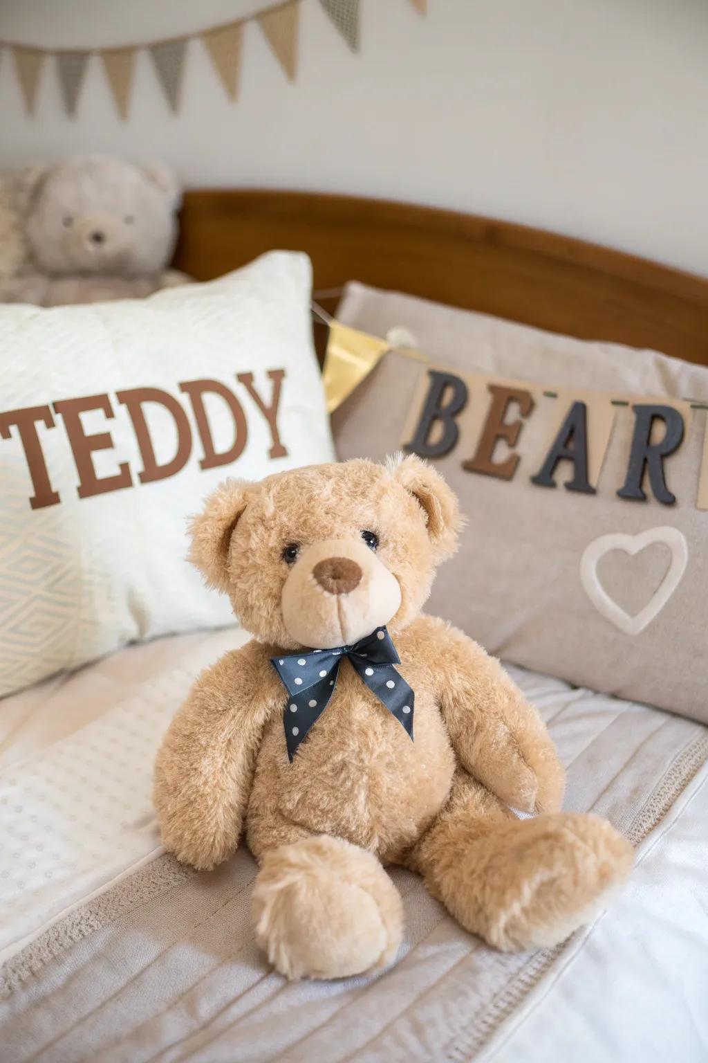 Personalized correspondence appends a delightful nuance to a cuddly bear centerpiece.