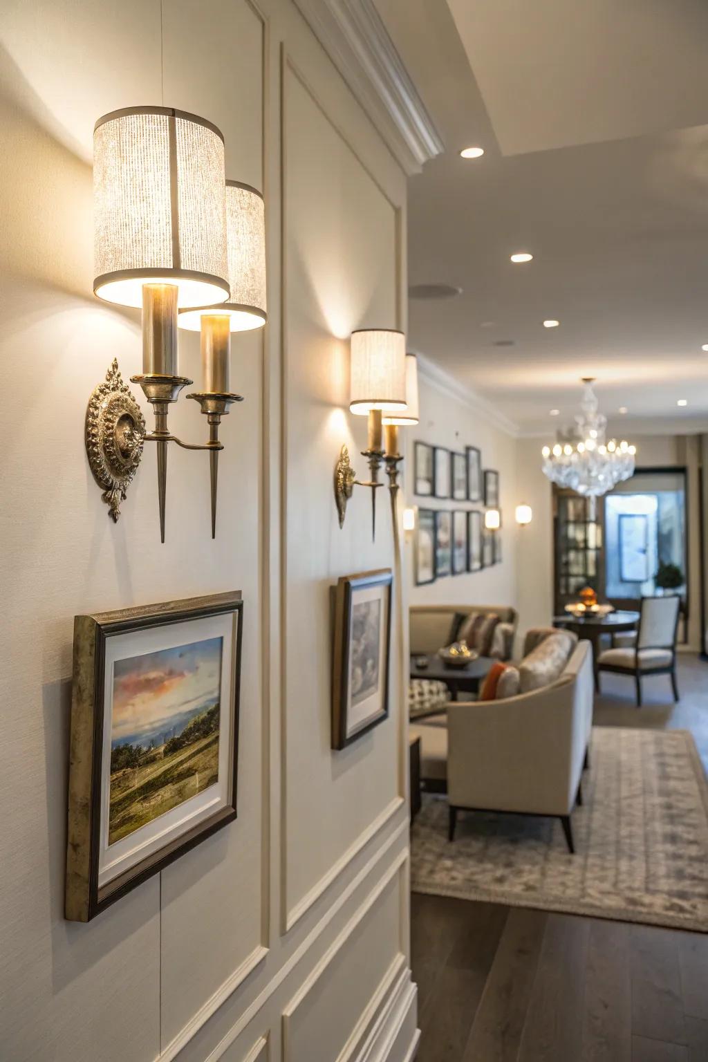 Elegant wall fixtures light up artwork on a temporary wall.