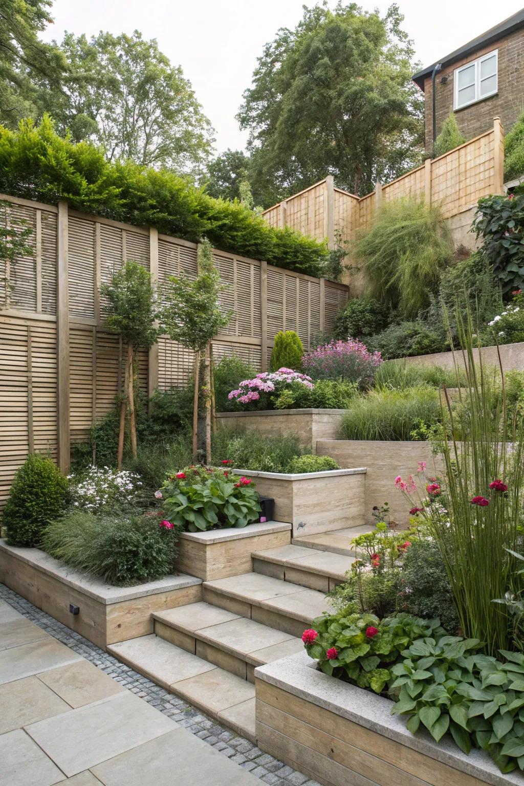 A terraced garden featuring privacy elements, offering secluded and intimate outdoor spaces.