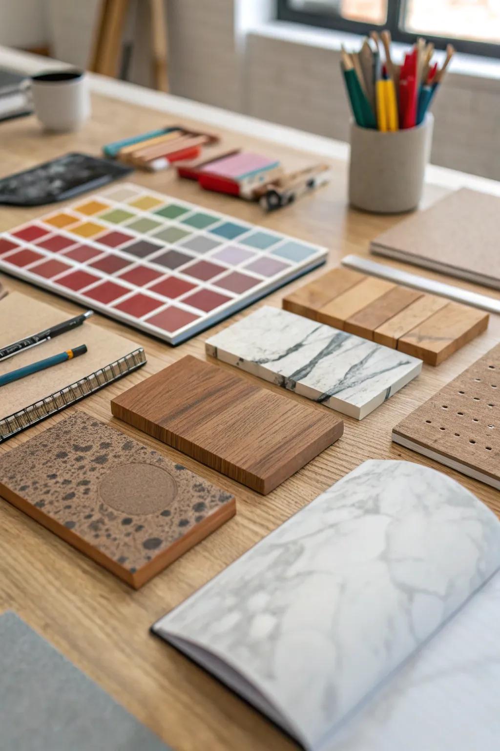 This creative workspace is filled with countless ideas thanks to a collection of texture swatches.