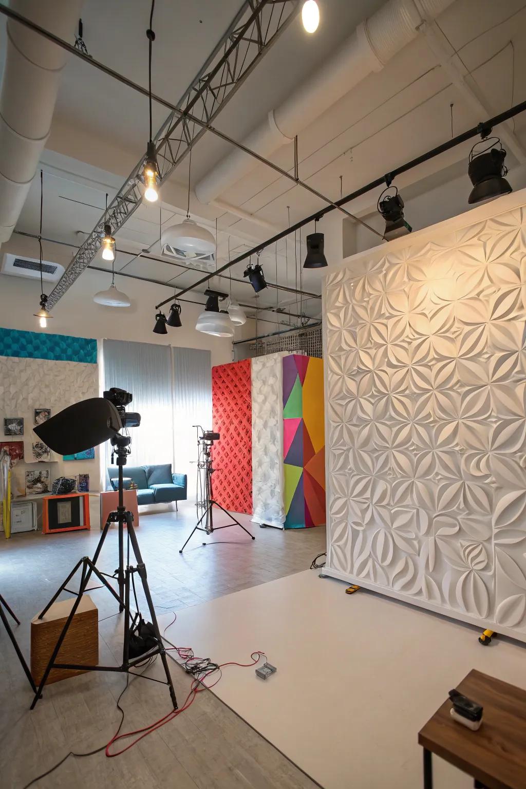 A creative studio enhanced with dynamic 3D textured walls.