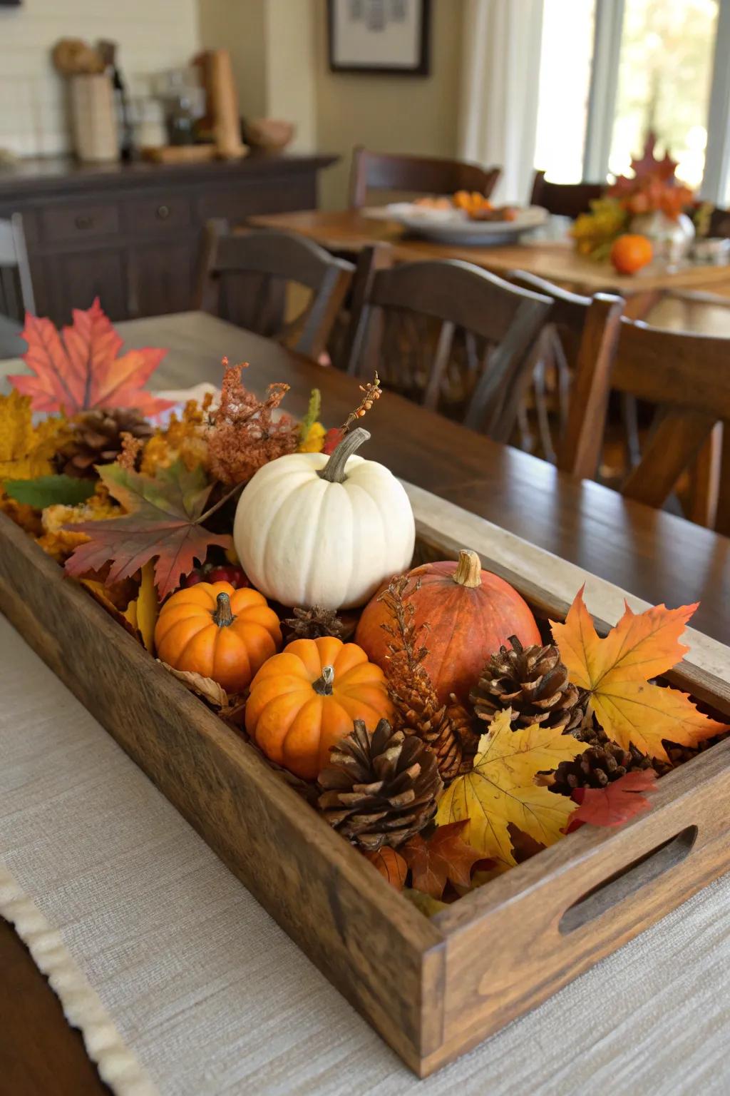 A timber salver serves as the quintessential base for your centerpiece.