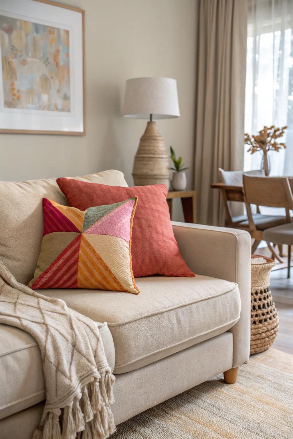 A striking burst of color with a vibrant cushion in a neutral environment.