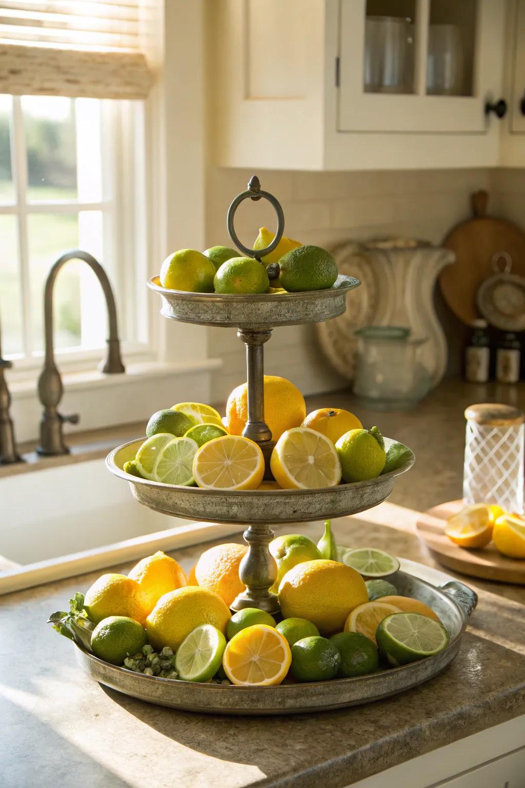 A summer-themed tiered tray is bursting with citrus freshness.
