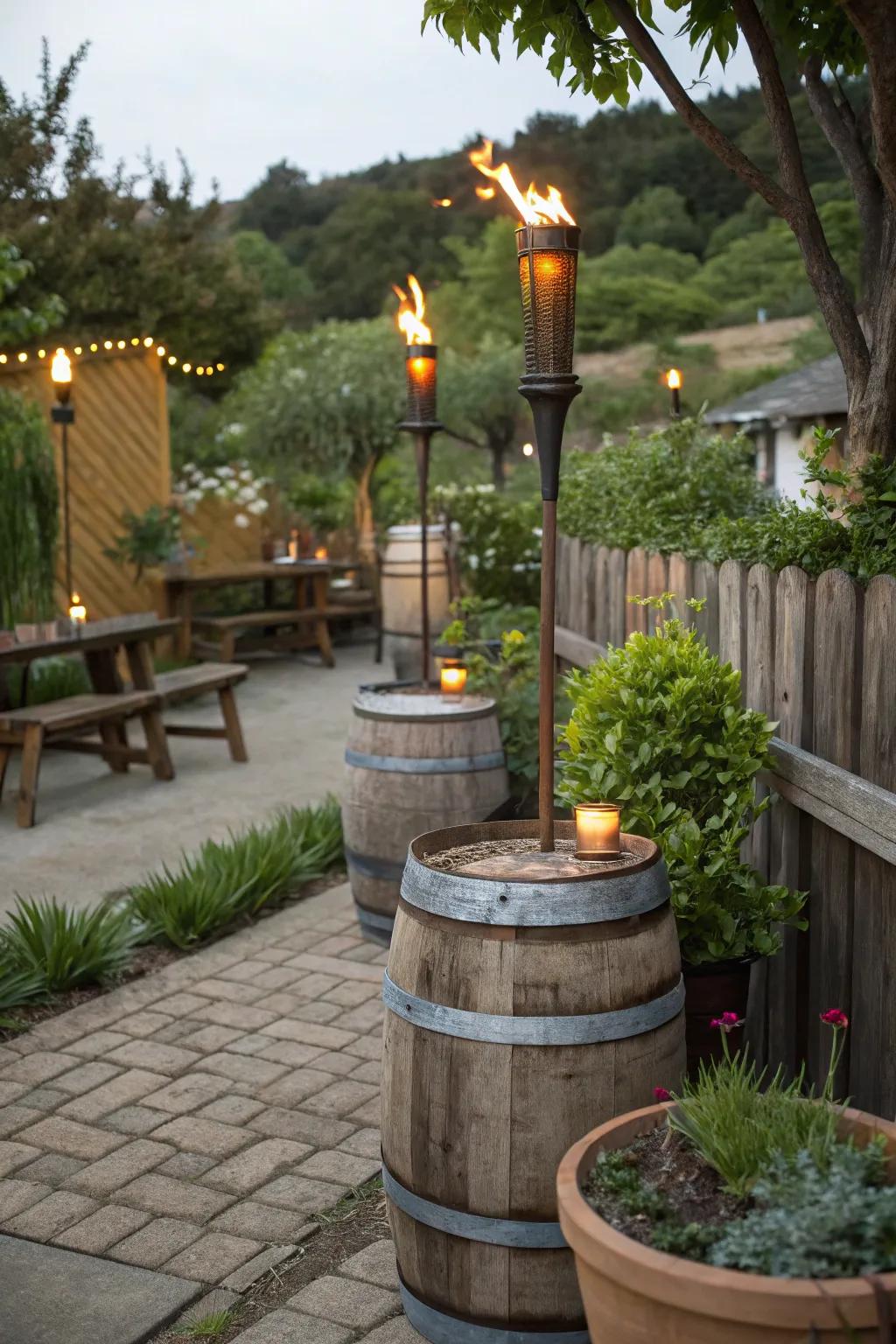 Incorporate down-to-earth charm with wine cask fire poles.