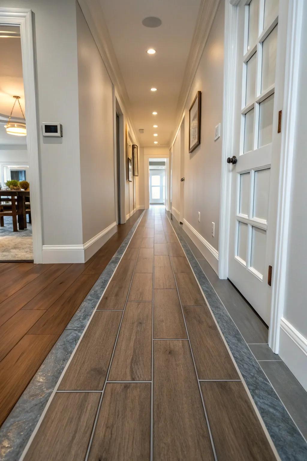 T-molding fashions a smooth transition between ceramic and hardwood floors.