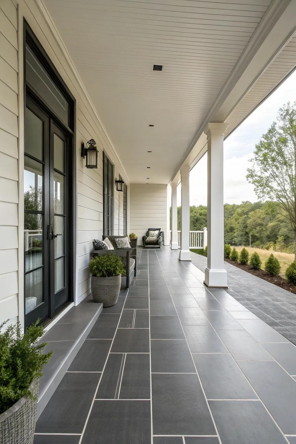 The smooth tiles provide a modern and refined look to this porch.