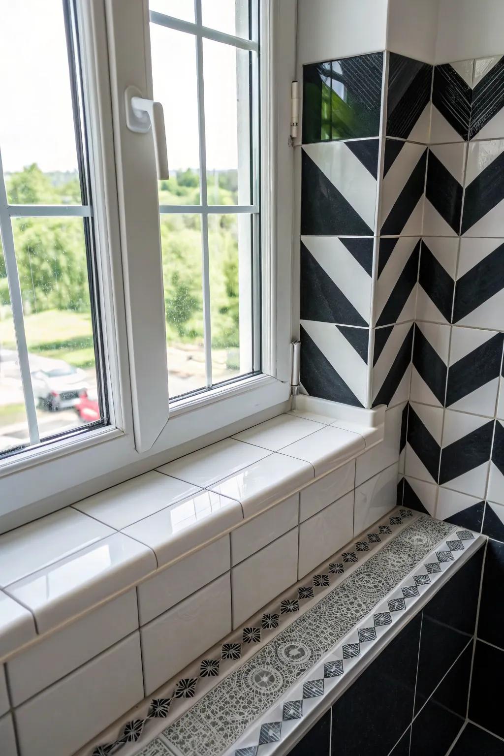 Bold contrasting tiles position this windowsill as a focal feature within the bathroom.
