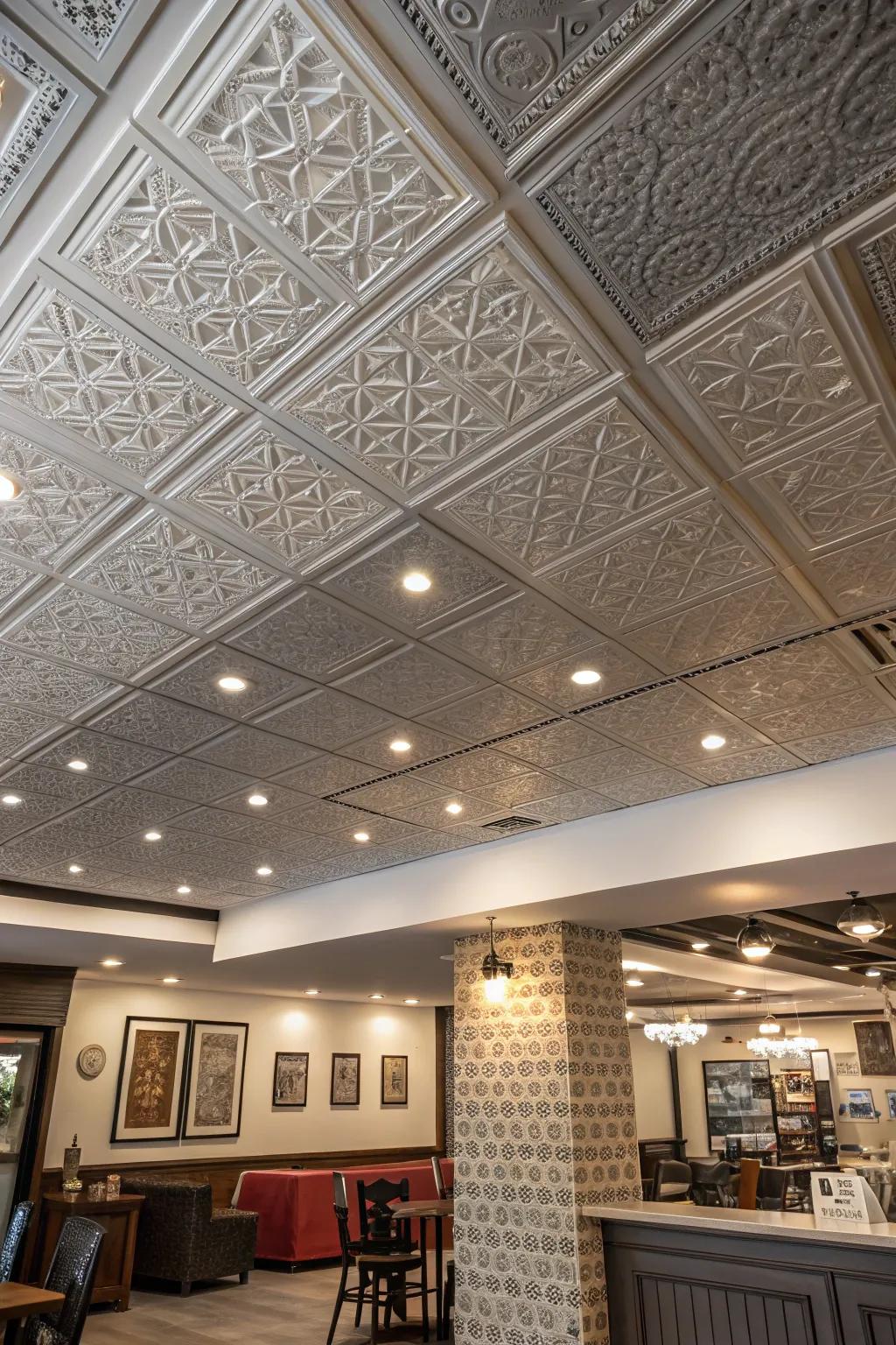 A unique ceiling design with blended patterns.