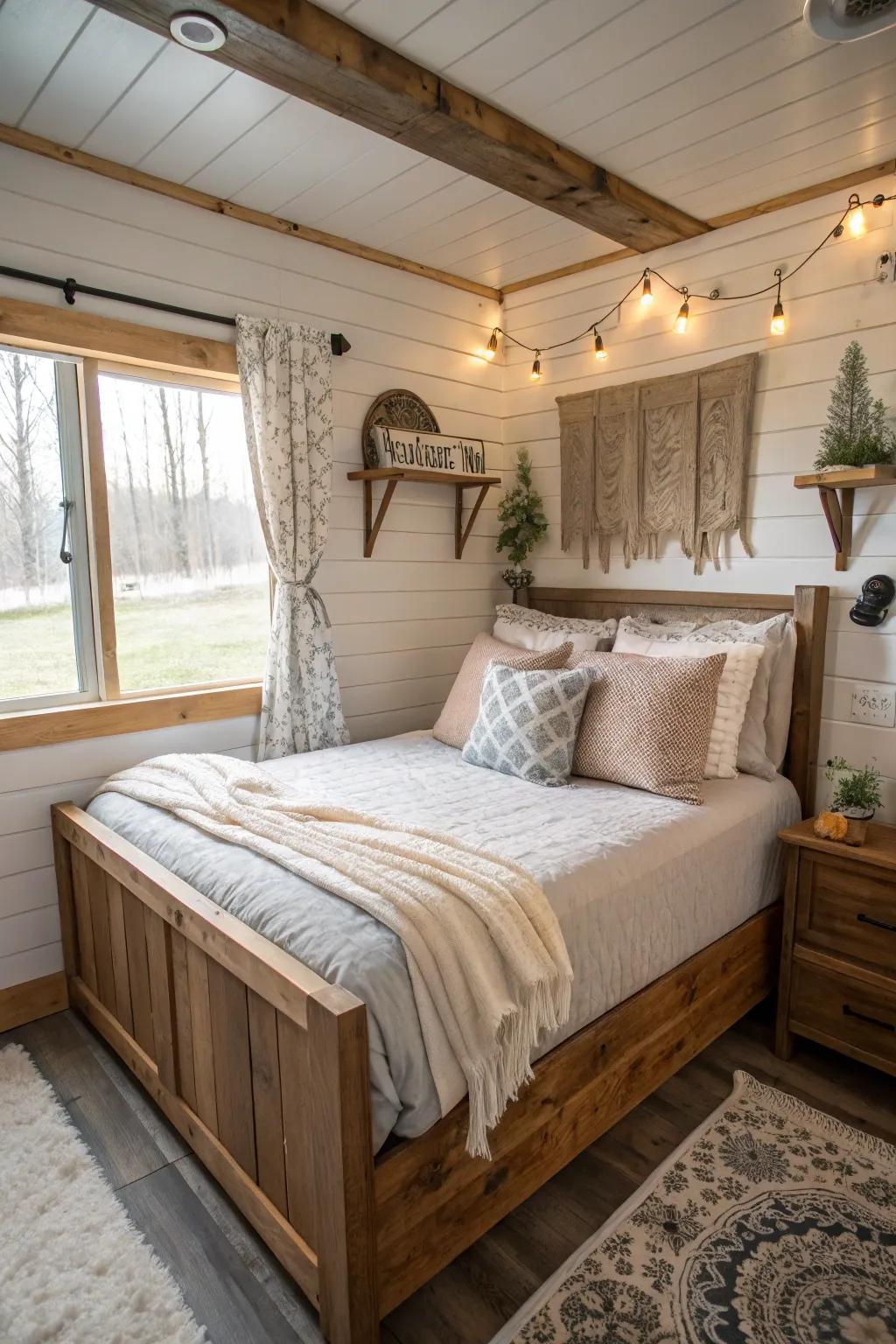 A stylish mix of wood and fabric textures creating a warm and welcoming sleeping space.