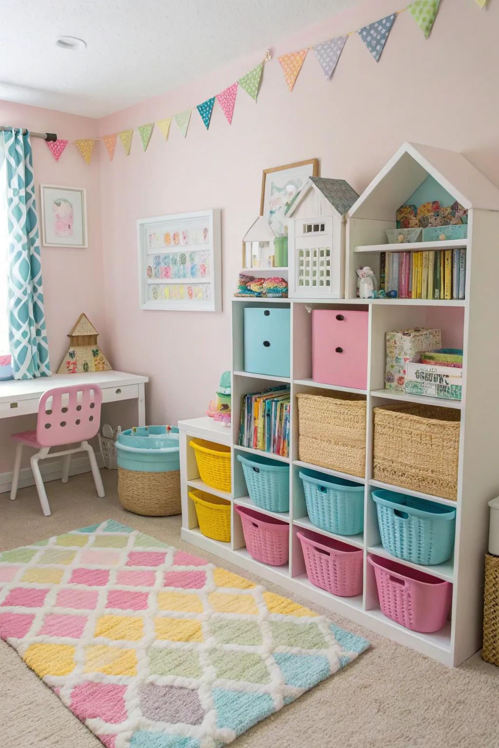Inventive stowage solutions maintain the room's tidiness.