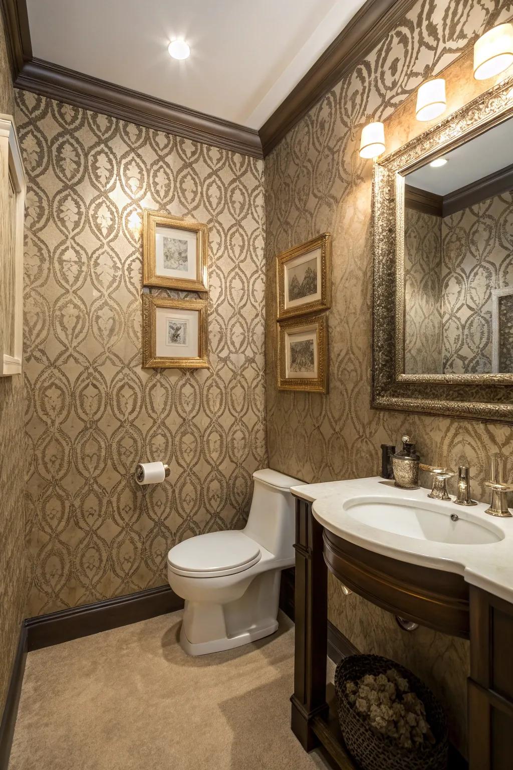 Embossed walls enhancing dimension to a restroom design.