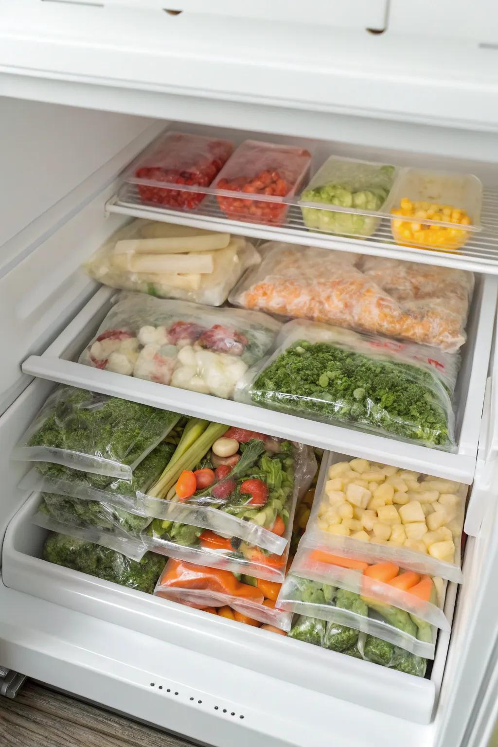 Flat-frozen bagged items, neatly arranged for optimal space utilization within a top freezer.