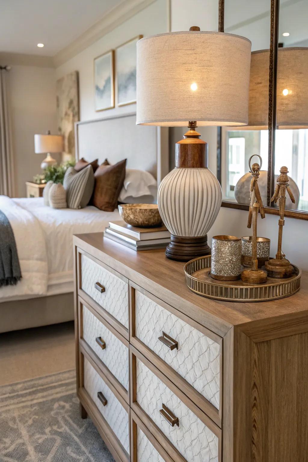 A layered mix of textures enhances the visual appeal of a dresser setup.