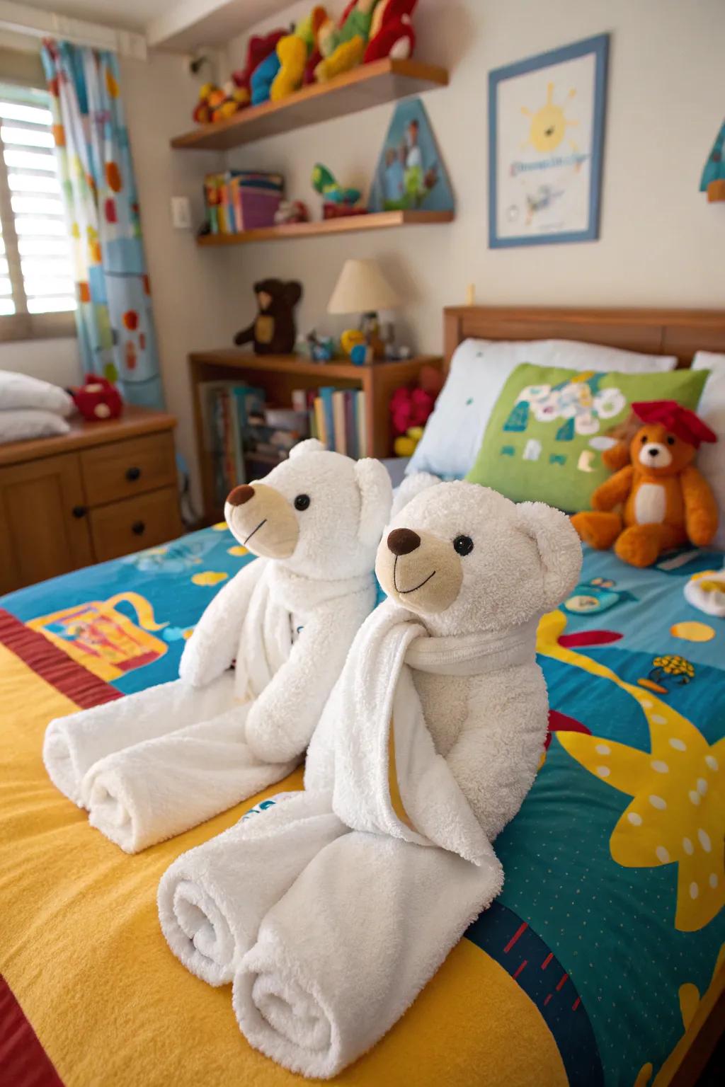Delight guests with teddy bear-shaped fabric folds.