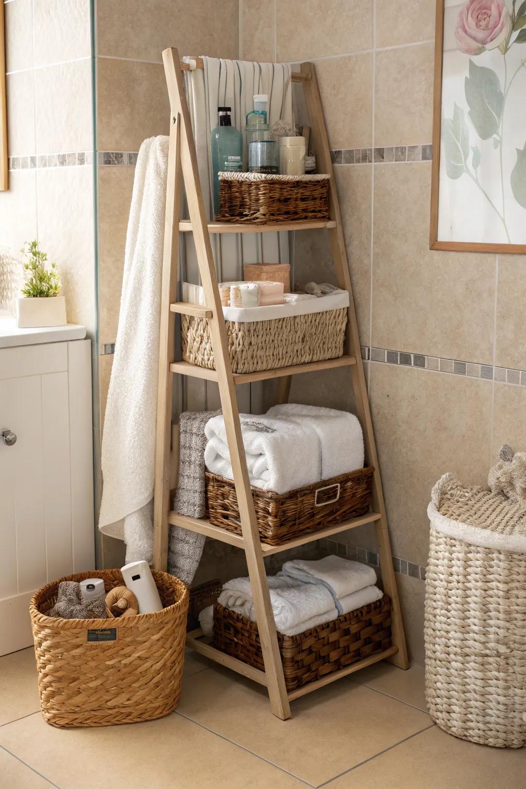 Maximize small areas with a step ledge that mixes towel storage and extra shelving.