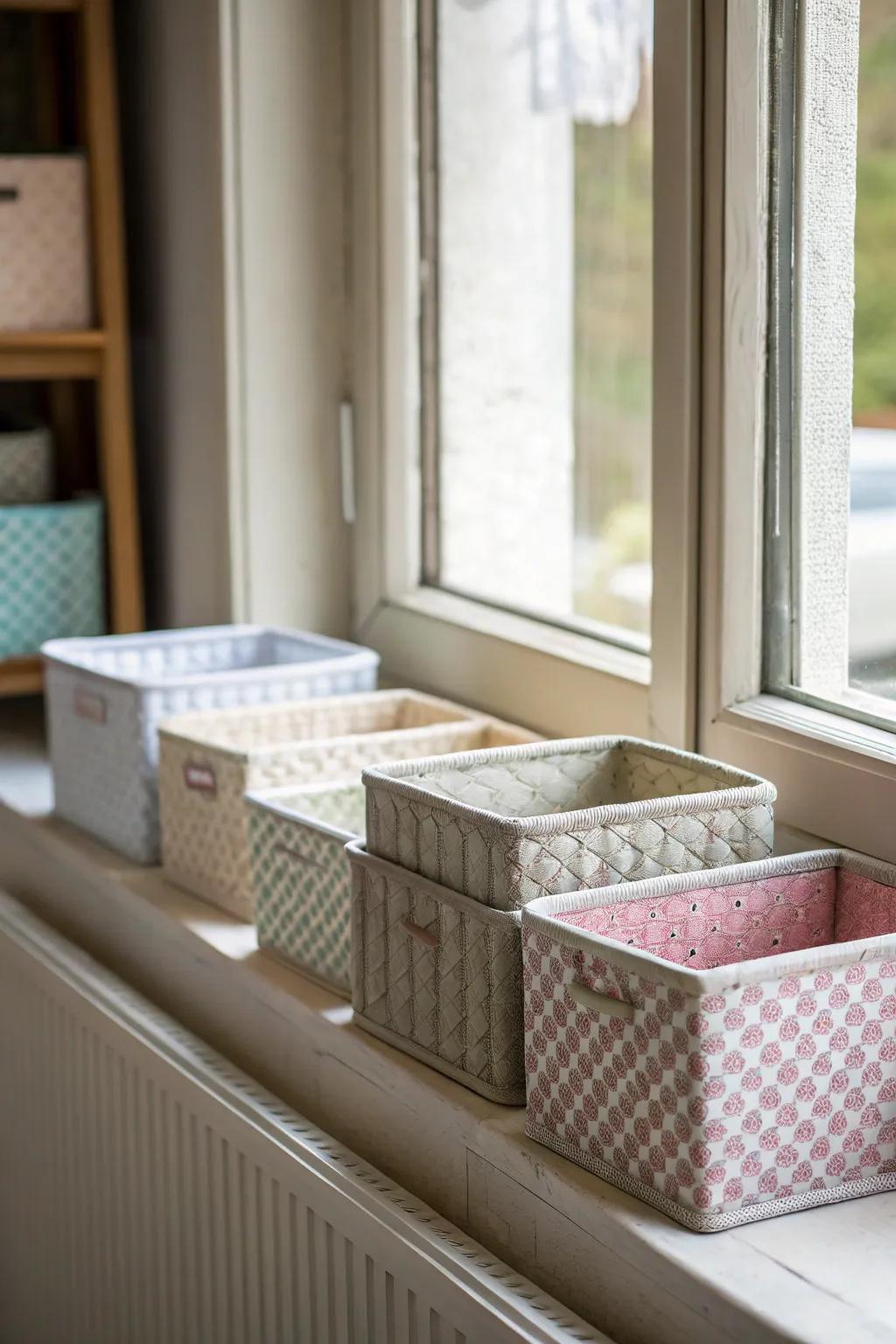 Window ledges furnish supplemental storage opportunities without inducing clutter.