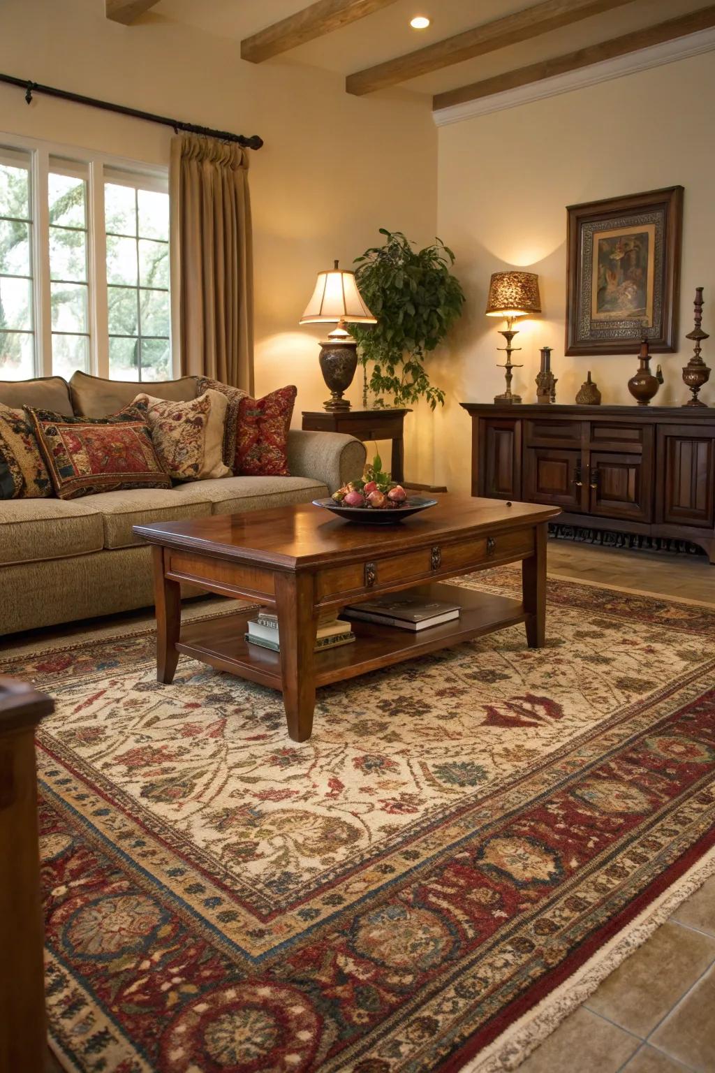A defining rug anchors this traditional relaxation space beautifully.