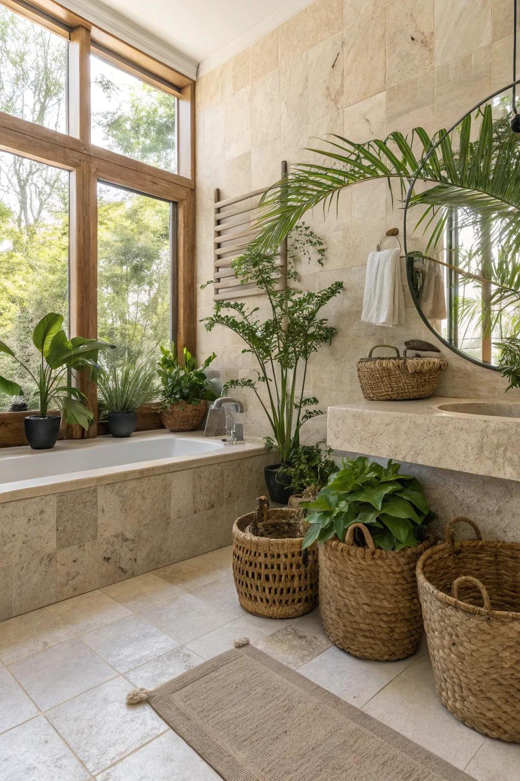 A travertine bathroom brought to life with plants and woven baskets for a natural touch.