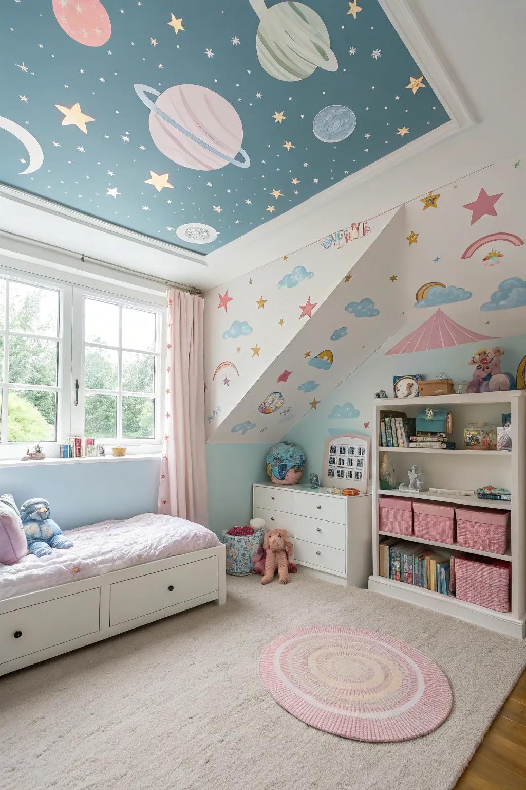 A children's bedroom featuring a sky-themed mural on the tray ceiling.