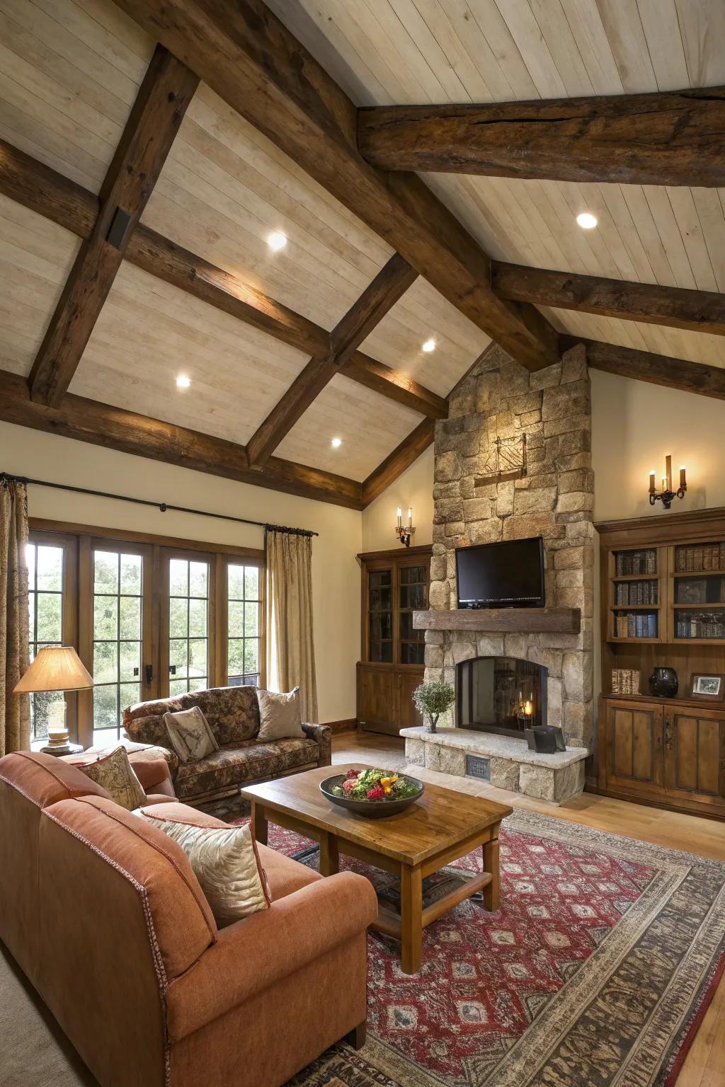 A rustic living area featuring a tray ceiling with wooden beams.