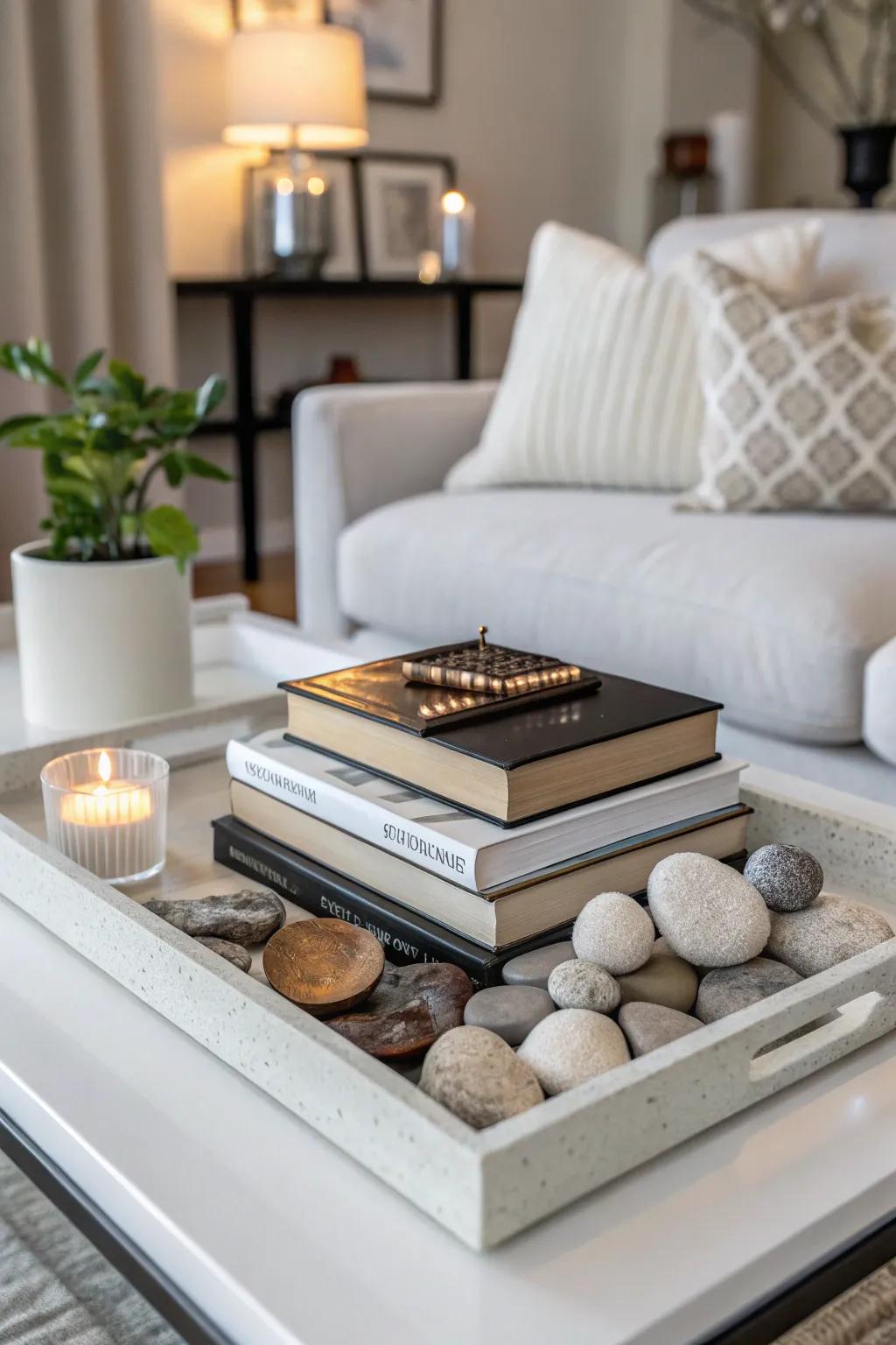 An elegant coffee table showcasing a multilayered, artistic tray arrangement.