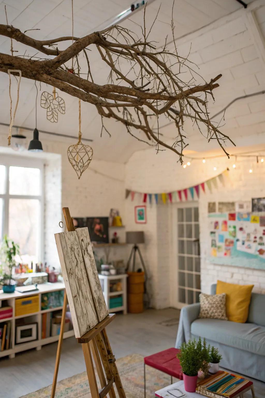 Impressive hanging branches in an artistic studio.