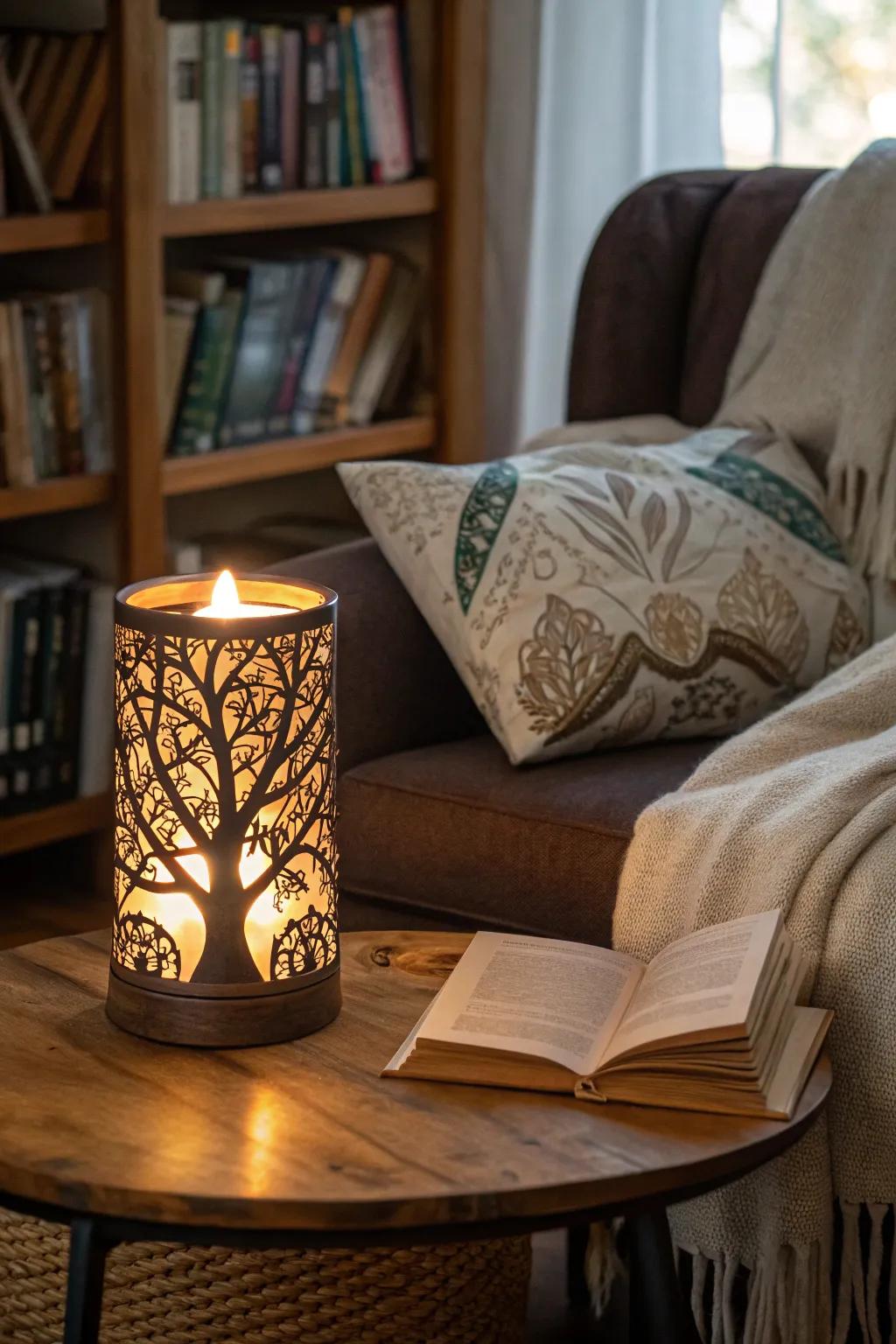 Arbor Vitae candle holder emits a warm glow in a reading nook.