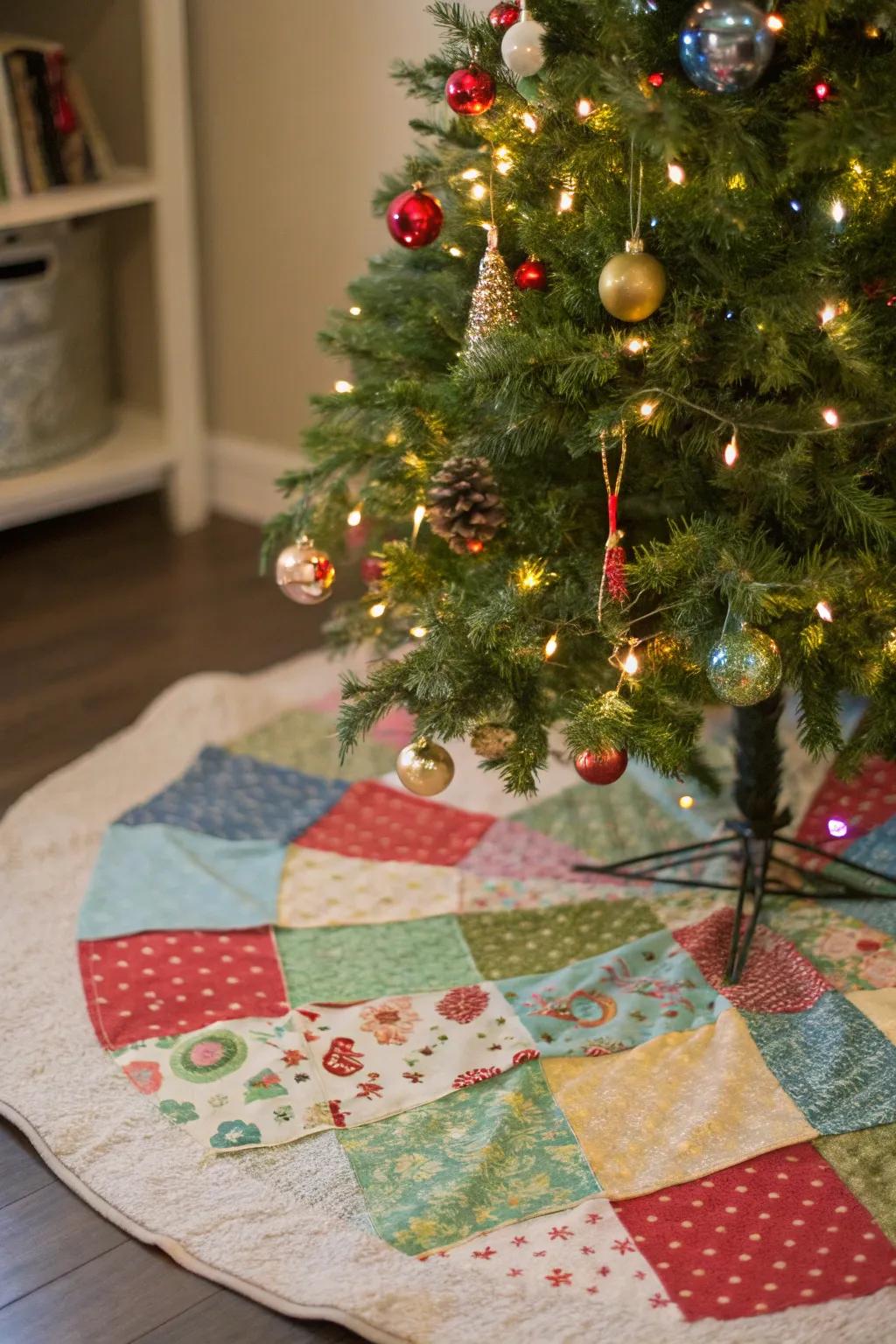 A patchwork tree skirt provides an individual element to your holiday design.