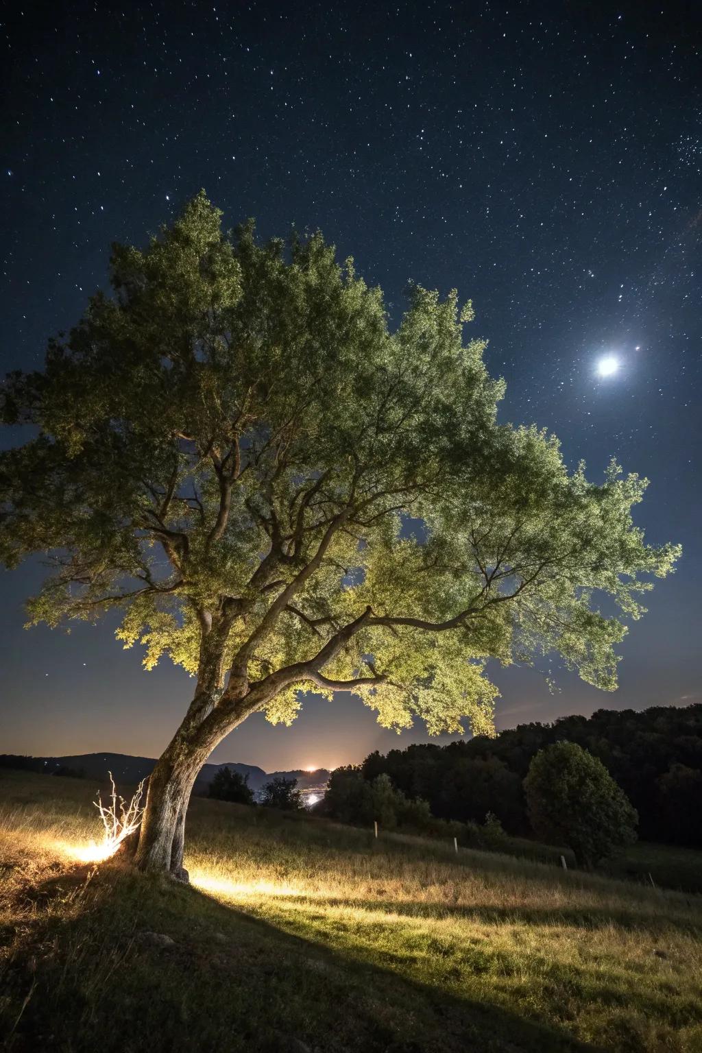 Lunar magic employing vertical lighting for a tranquil garden scene.
