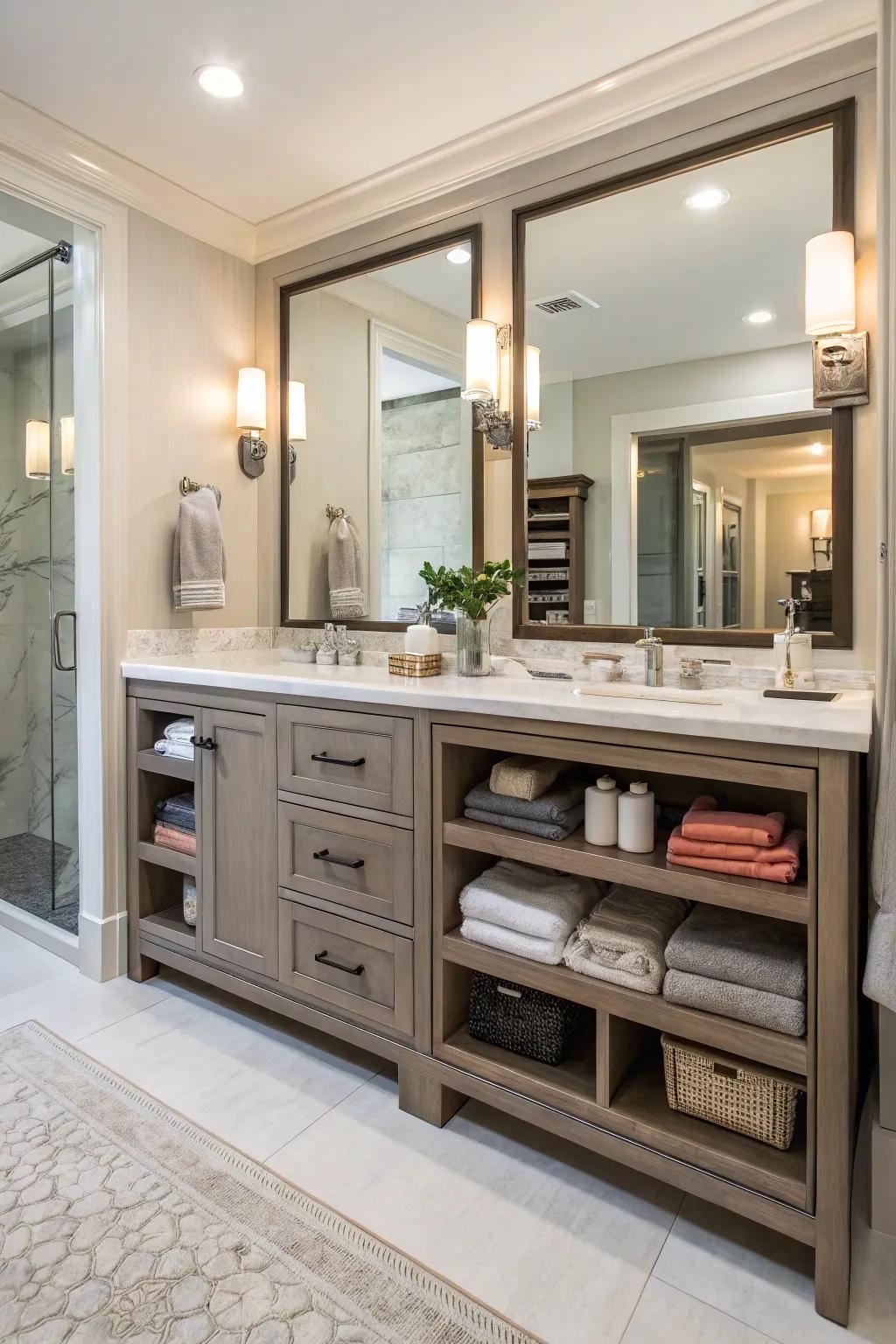A bathroom vanity offering generous storage, ensuring an organized and clutter-free space.
