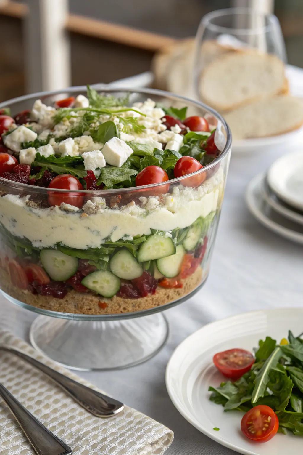 A dessert bowl elegantly shows off a layered salad.
