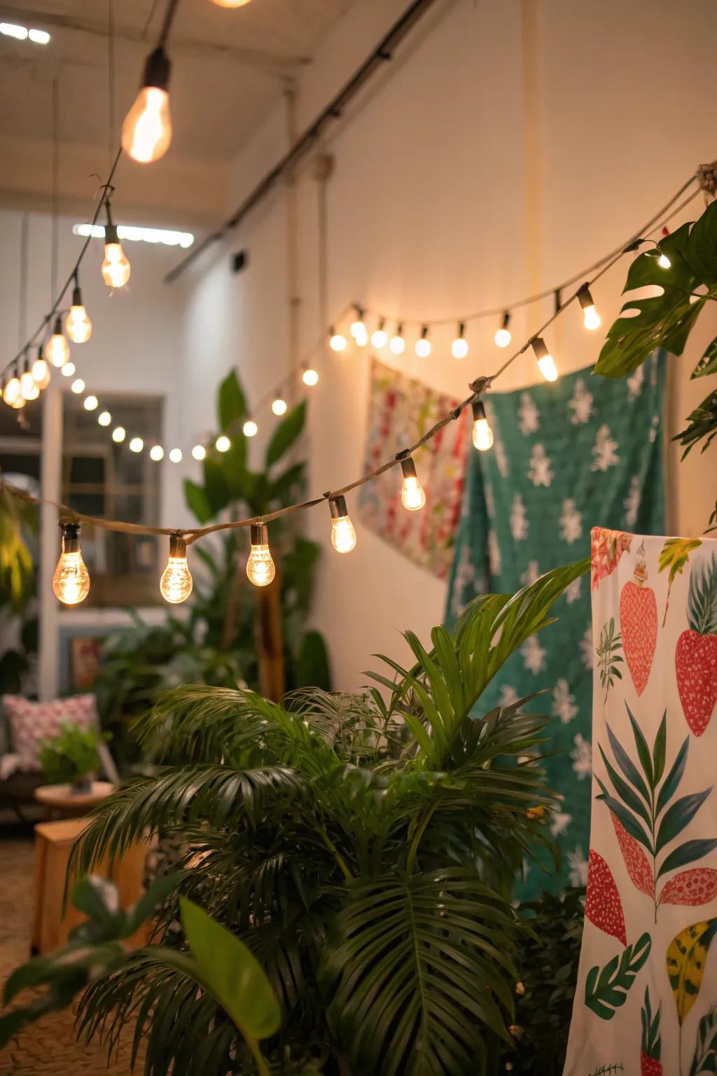 Tropical filament lights establish a celebratory disposition.