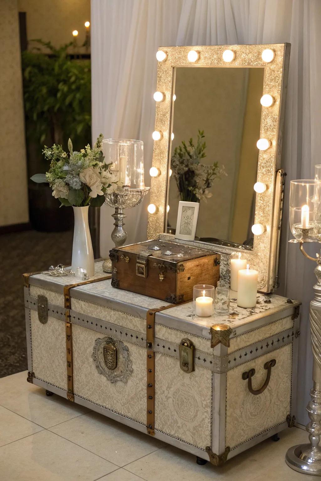 A vintage trunk reinvented as a chic dressing table, exuding timeless charm.