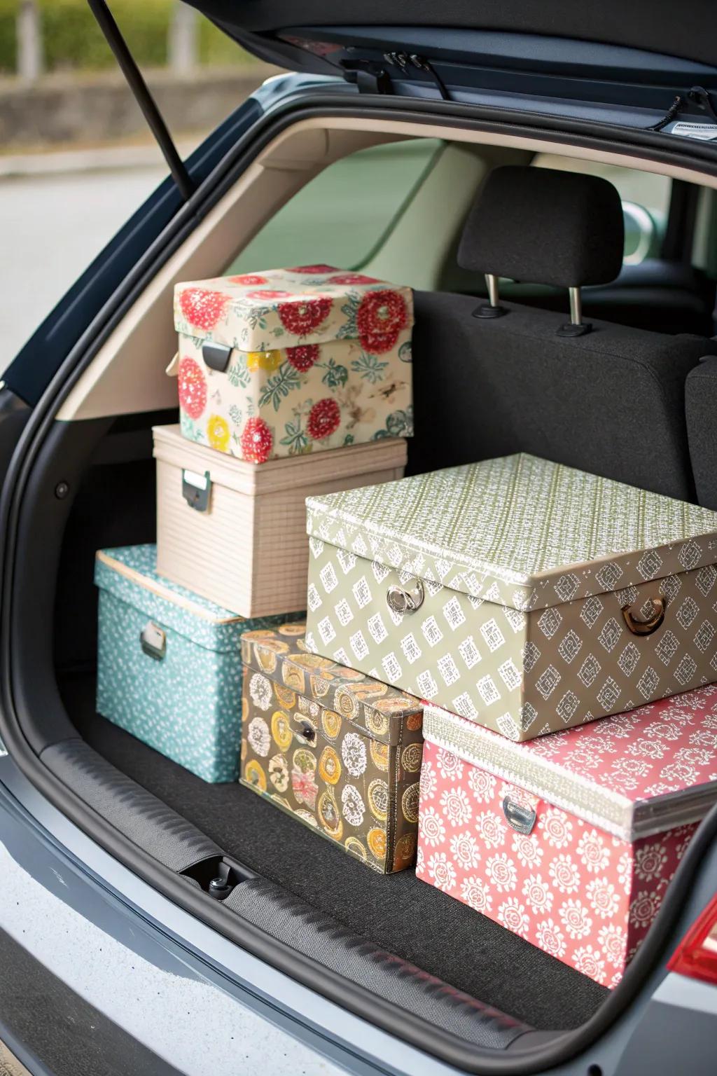 Boxes covered in fabric for a fashionable and well-organized trunk created at home.