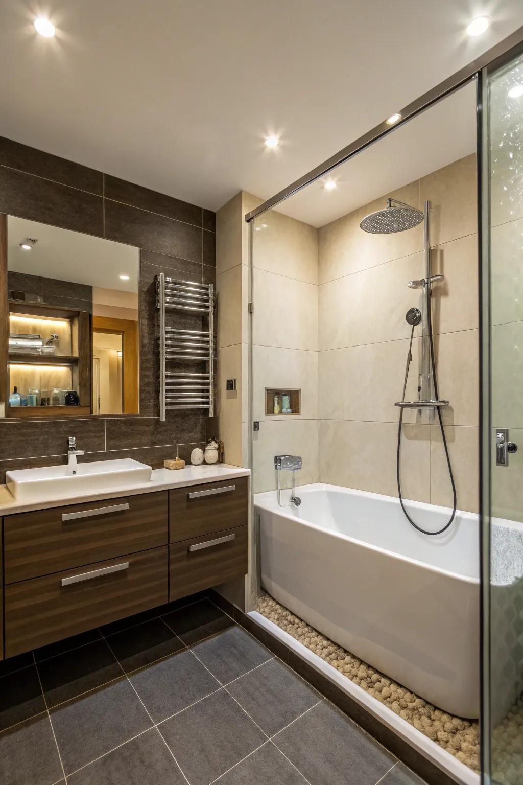 A setup that combines shower and bath areas maximizes efficiency for dual functionality.
