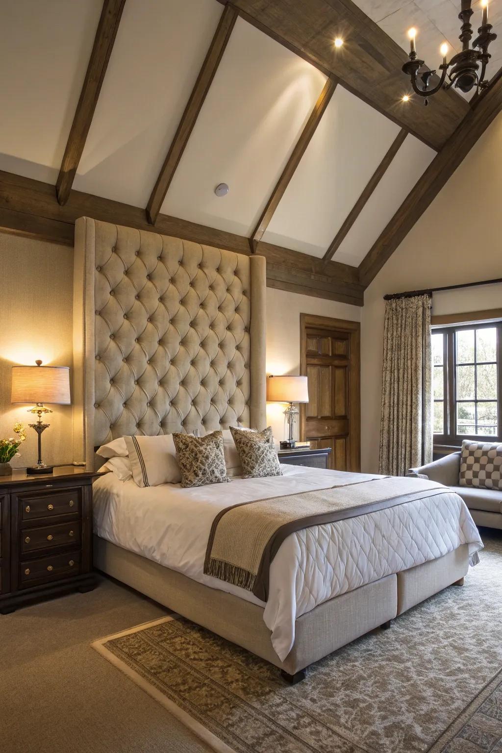 A majestic bedroom showcases a tall tufted headboard.
