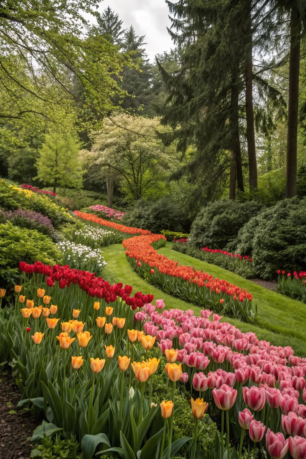 Tulips providing a colorful foreground against a backdrop of trees and shrubs.