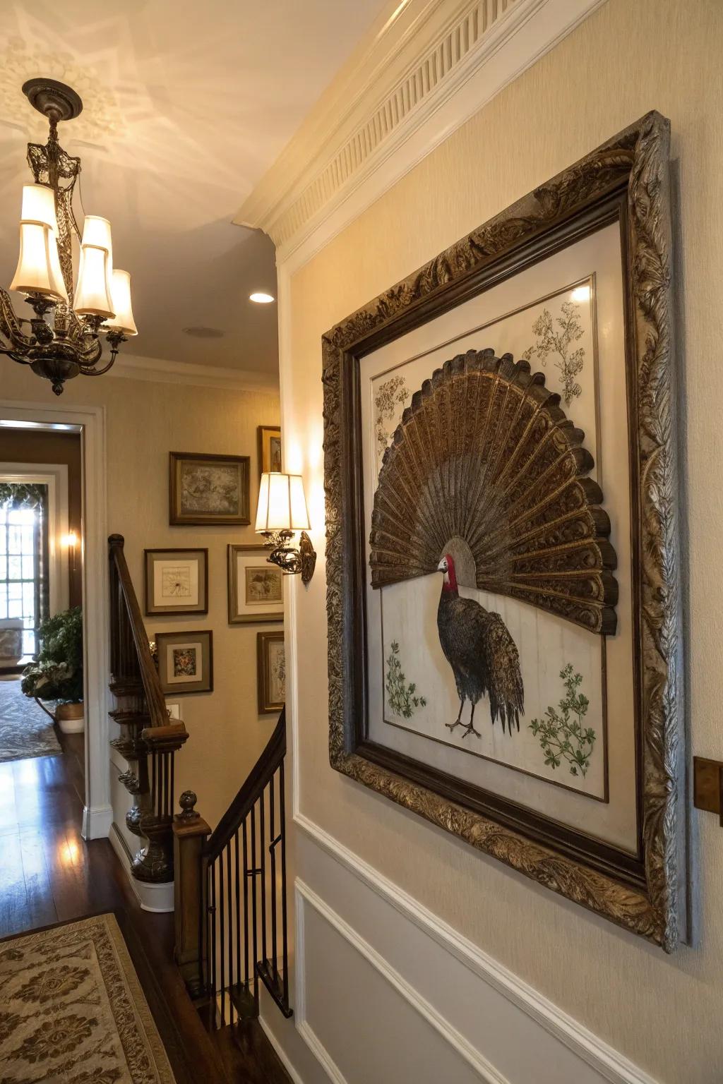 A storage presentation adds a sense of refinement to a turkey fan display.