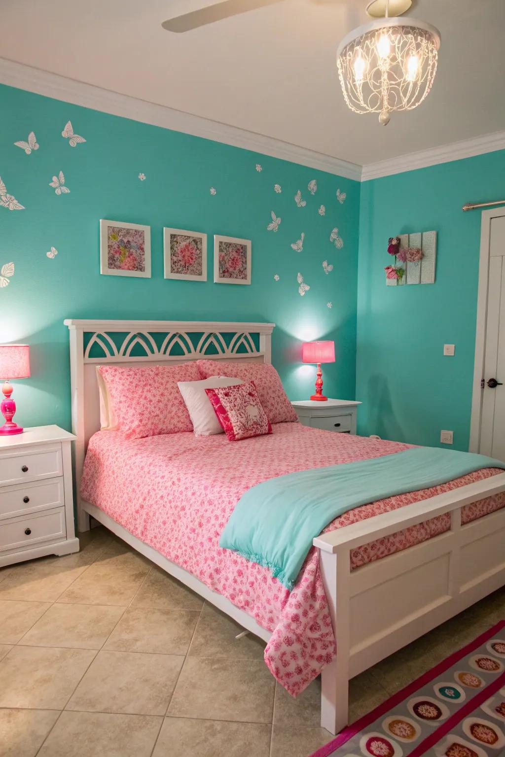 The joyous unification of turquoise alongside roseate notes injects vigor into this sleeping quarter.