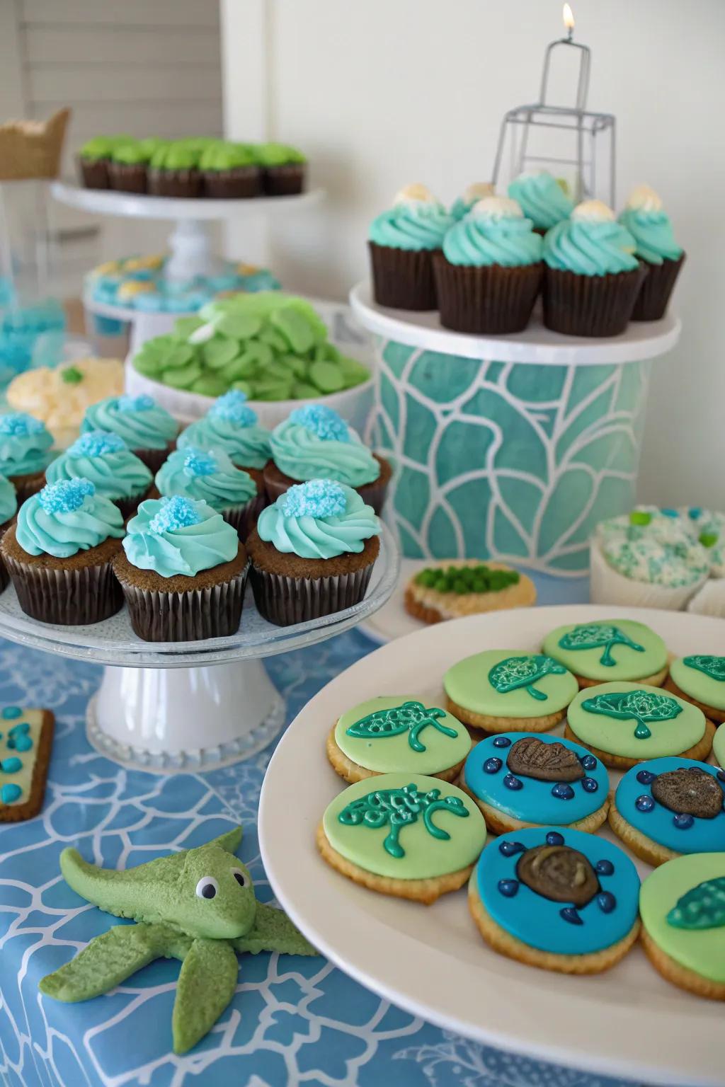 An enticing marine-styled sweet treats table overflowing with delights.