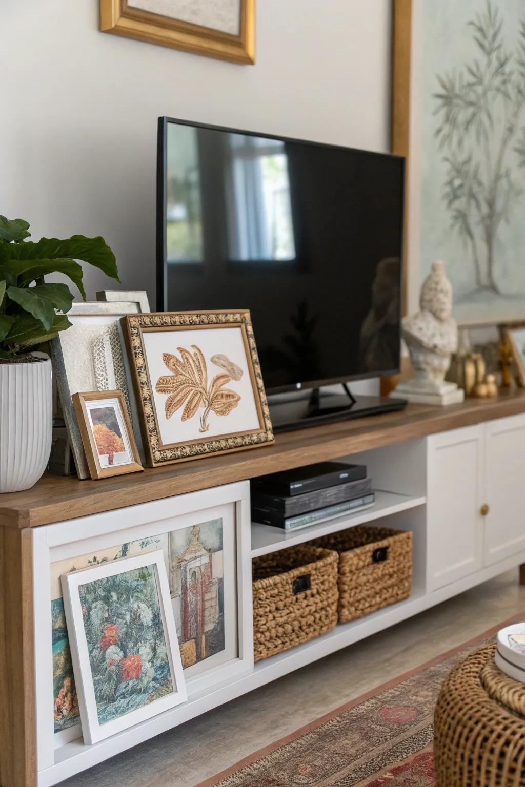 Artwork and frames enhancing the look of a media console.